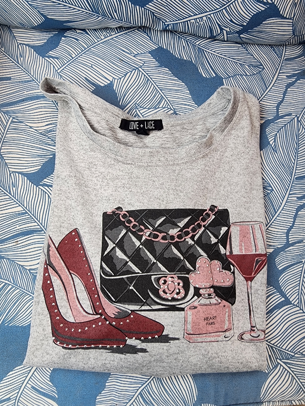 Gray Graphic Tee with Pink & Black Fashion Motif